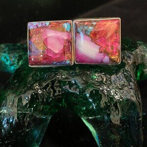 Kingman Turquoise Purple Dahlia Pierced Earrings set in 925 Silver